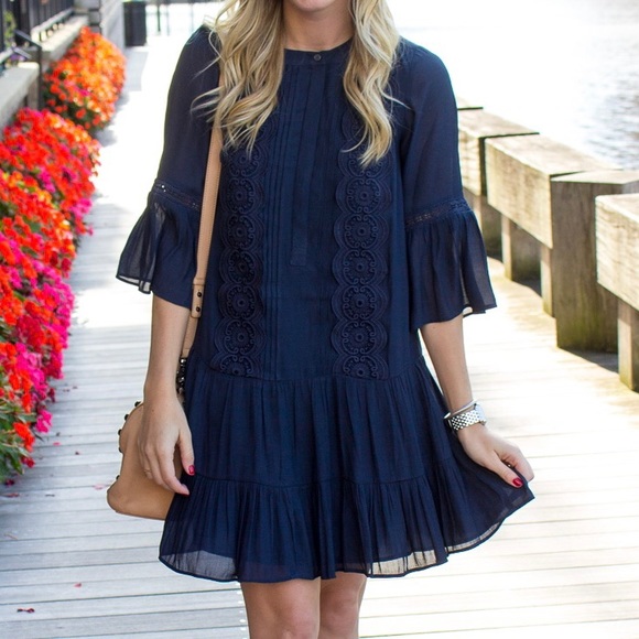Navy Blue Loft Flounce Dress 8 - Picture 1 of 12